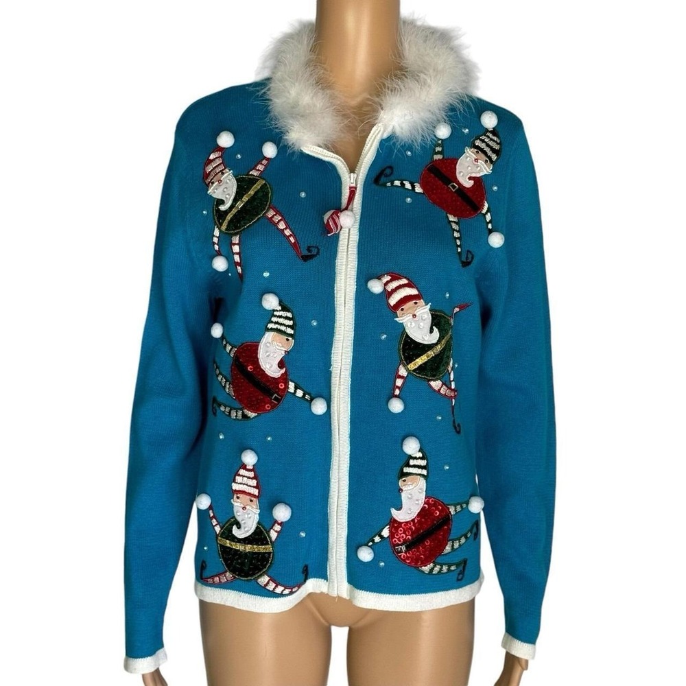 Tiara International Zip Cardigan Sweater Women's Medium Christmas Santa Bulbs
